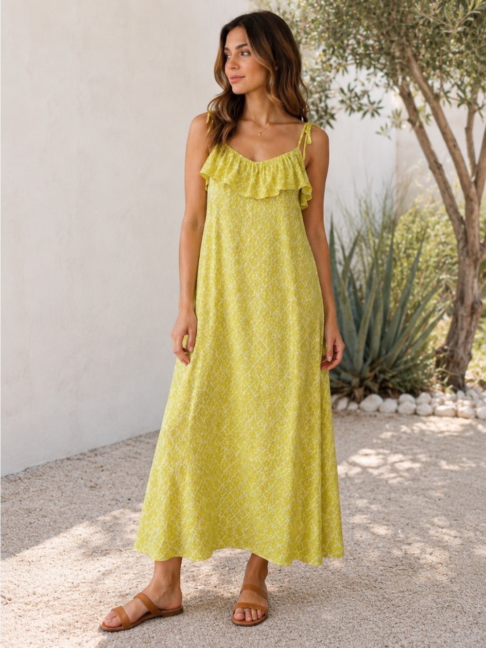 H&M Chartreuse Geometric Maxi Dress Size M Ruffle Neck Tie Strap Summer Dress